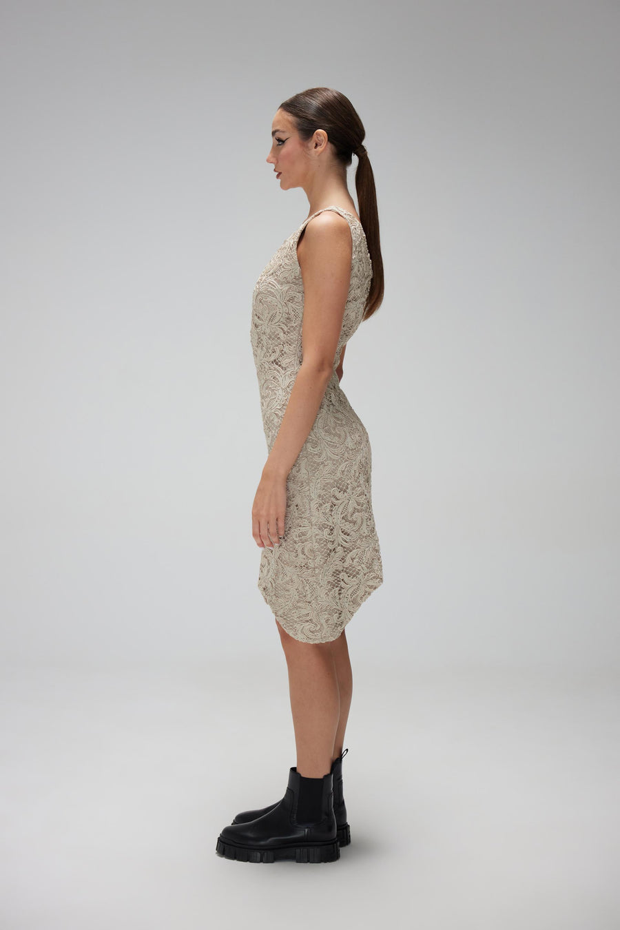 Beige Sleeveless Dantel Dress