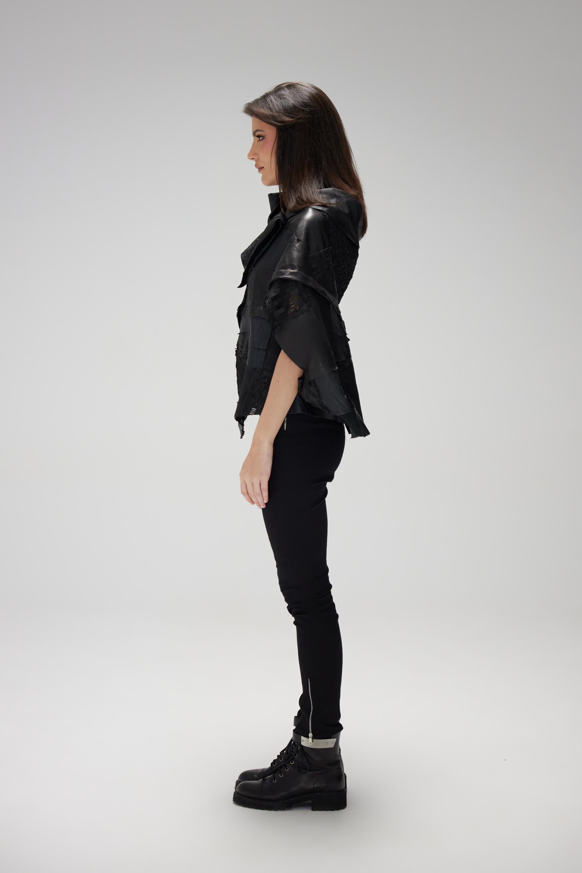 Black Patch Work Leather Gilet