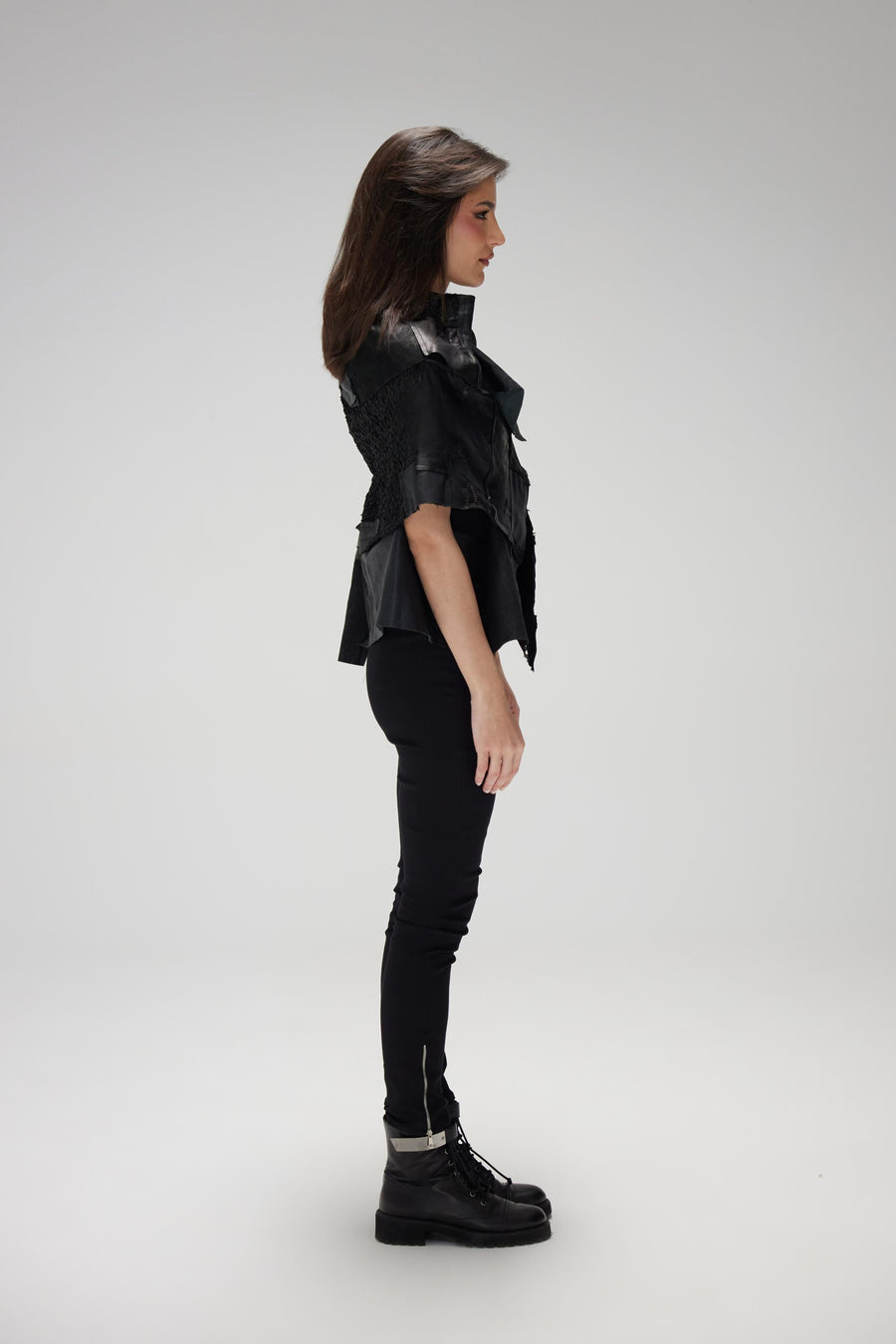 Black Patch Work Leather Gilet