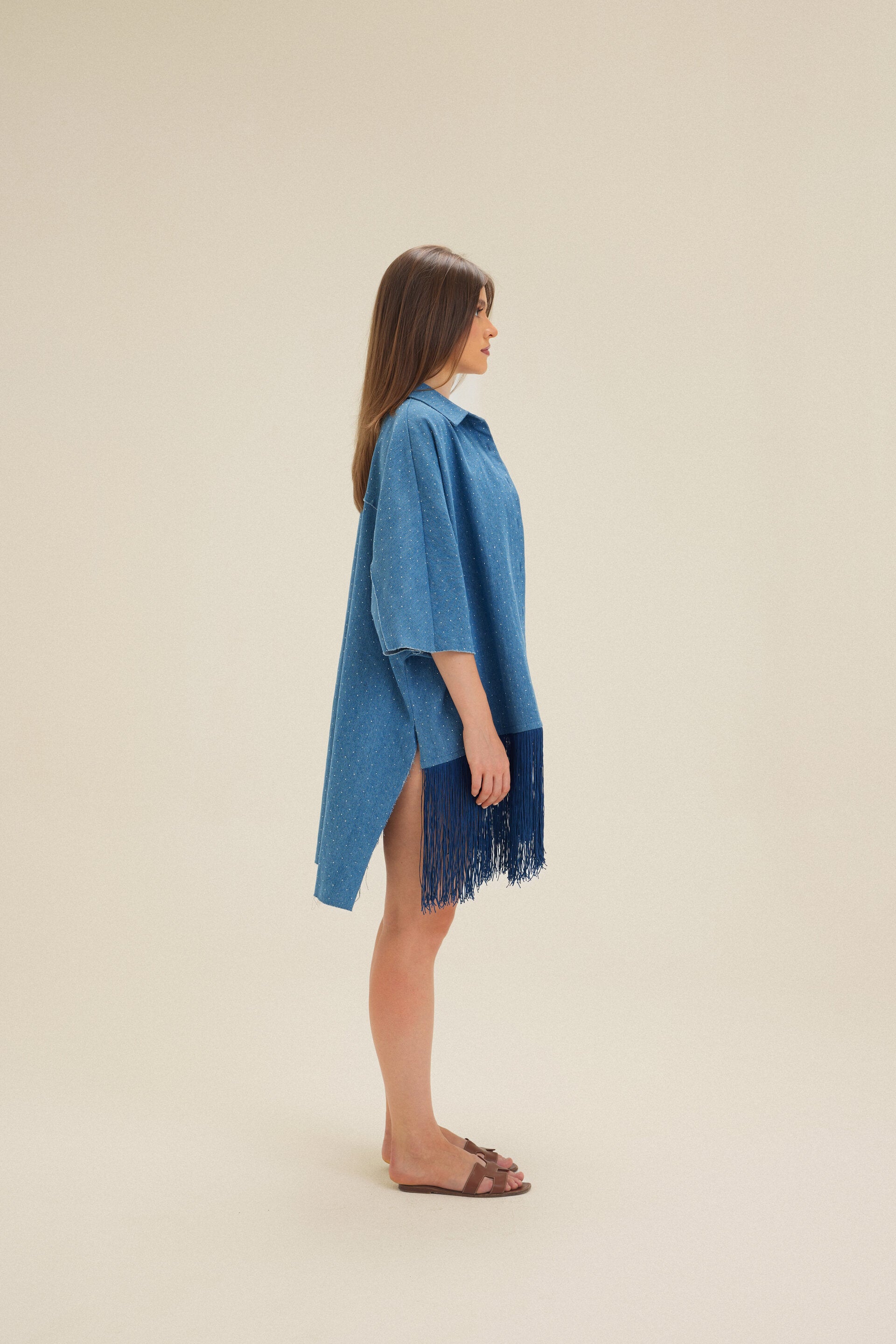 Blue Strass Denim Shirt With Blue Tassels