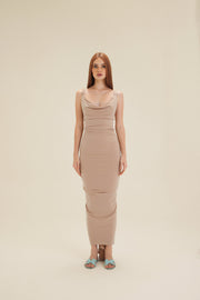 Beige Sculpt Cowl Neck Maxi Dress