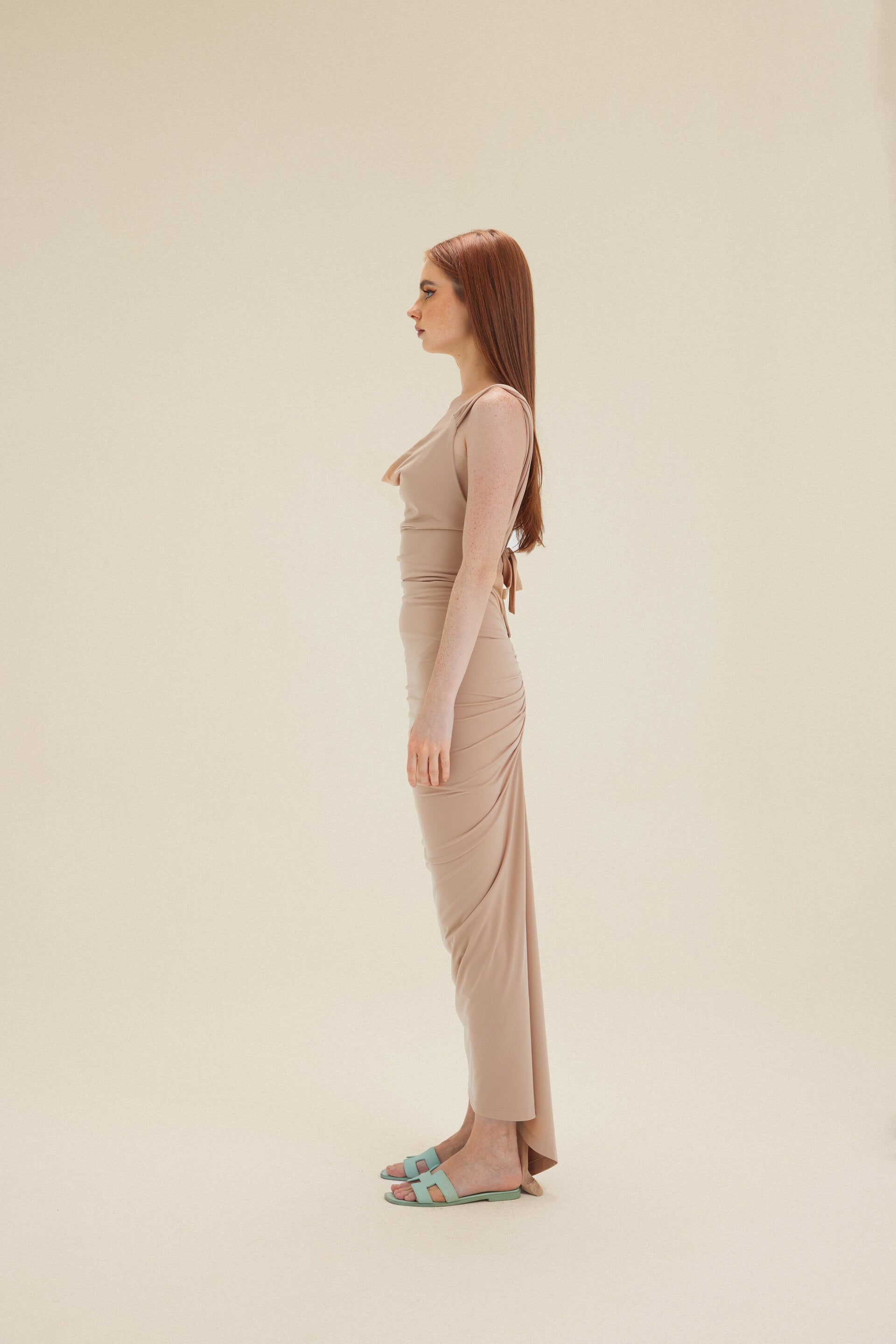 Beige Sculpt Cowl Neck Maxi Dress