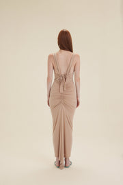 Beige Sculpt Cowl Neck Maxi Dress