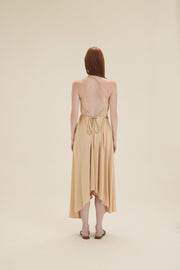 Beige Silk Batch Work Sleeveless Dress