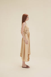 Beige Silk Batch Work Sleeveless Dress