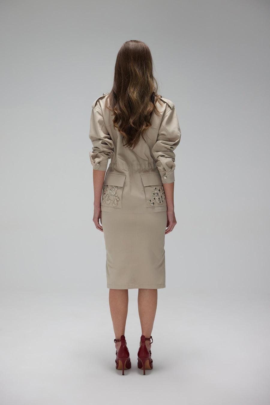 Beige Gabardine Studded Drawstring Waist Jacket