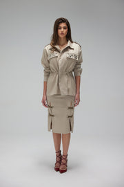 Beige Gabardine Studded Drawstring Waist Jacket