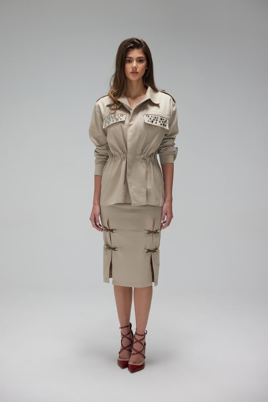 Beige Gabardine Studded Drawstring Waist Jacket