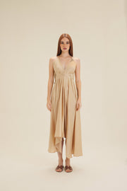 Beige Silk Batch Work Sleeveless Dress