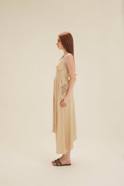 Beige Silk Batch Work Sleeveless Dress